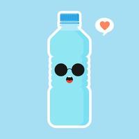 simpatico e kawaii personaggio dei cartoni animati di acqua minerale. bottiglia d'acqua divertente. concetto per una sana alimentazione e bere acqua minerale. illustrazione vettoriale dal design piatto, emoji semplici e design di emoticon