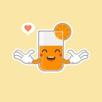 personaggio dei cartoni animati di succo d'arancia carino e kawaii. carattere di bevanda fantasia colorata. bicchiere di succo d'arancia fresco. vettore