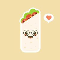 carino e kawaii divertente sorridente felice burrito. illustrazione vettoriale di design piatto cibo messicano. pasto tradizionale messicano, fast food. clipart luminose e positive, composizione.