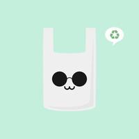 adesivi di vettore del personaggio dei cartoni animati del sacchetto di plastica. adesivo ecologico con confezione di plastica. spazzatura di plastica vietata. corretto utilizzo dei rifiuti non biodegradabili. icona ambientale. sviluppo sostenibile