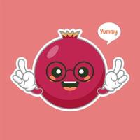 simpatico e kawaii personaggio dei cartoni animati di melograno isolato su sfondo colorato illustrazione vettoriale. icona faccia emoticon positiva e amichevole divertente. sorriso felice cartone animato viso cibo emoji, frutta comica vettore