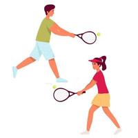 set di uomo, donna che gioca a tennis. carattere piatto. illustrazione vettoriale. uomo dimostrare ricevere posizione tenendo la racchetta. sportivo che gioca a tennis grande. isolato su lamento. maschio che partecipa vettore