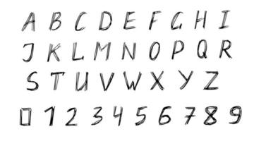 lettere maiuscole scritte a mano dell'alfabeto inglese, numeri, latino. tratteggio, scarabocchi, schizzo a inchiostro. illustrazione vettoriale, set. vettore