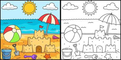 giocattoli sulla spiaggia da colorare pagina illustrazione vettore