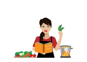 donna che cucina cibo in cucina con libro di cucina in mano vettore