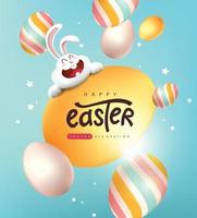 sfondo della cartolina d'auguri di Pasqua con coniglio carino e uova di Pasqua che cadono. vettore