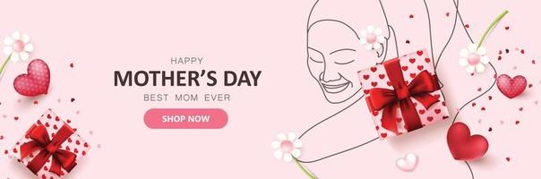 layout di sfondo banner poster promozione festa della mamma con donna line art vettore