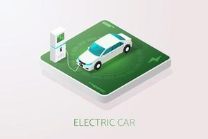 La tecnologia ev per auto o l'auto elettrica carica la batteria presso la stazione di ricarica. vettore