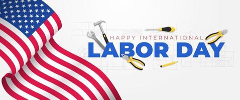 banner pubblicitario o modello di poster con bandiera usa per la festa del lavoro. illustrazione vettoriale con strumenti di costruzione. concetto di celebrazione della festa del lavoro.