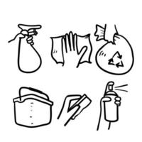 illustrazione disegnata a mano di prodotti e attrezzature per la pulizia in vettore di stile doodle isolato