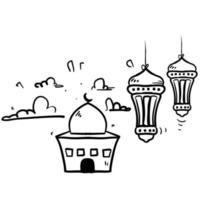 vettore dell'illustrazione del mese santo islamico di ramadhan kareem simbolo della moschea di doodle disegnato a mano e della lanterna araba