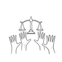 simbolo dell'illustrazione della scala del peso della tenuta della mano di doodle disegnato a mano per l'icona del giorno sociale della giustizia isolata vettore