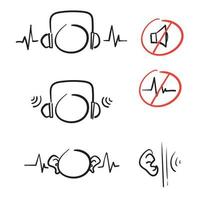 orecchio e cuffia con doodle disegnato a mano con icona isolata del vettore dell'illustrazione del blocco dell'onda sonora