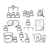 insieme dell'icona della linea relativa alle risorse umane di doodle disegnato a mano. reclutamento, gestione dell'ufficio e struttura aziendale in stile doodle vettoriale