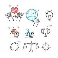 concetto di doodle disegnato a mano del vettore di raccolta dell'illustrazione dei valori fondamentali di business isolato
