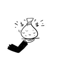 borsa dei soldi del servizio di doodle disegnato a mano sul simbolo dell'illustrazione dell'icona del piatto per il fondo isolato del prestito vettore