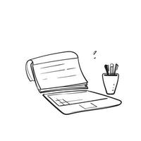 libro di carta di doodle disegnato a mano sul simbolo del computer portatile per l'illustrazione online dell'icona di istruzione vettore