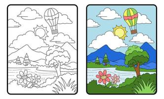 libro da colorare o pagina con vista sulle montagne, istruzione per bambini vettore