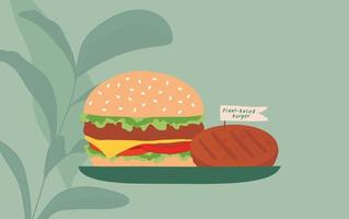 a base vegetale oltre l'illustrazione vettoriale dell'hamburger di carne. concetto vegetariano di stile di vita vegano e sano