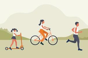 esercizio familiare sano nel parco, corsa e ciclismo stile di vita sano e illustrazione vettoriale del concetto di attività sportiva familiare