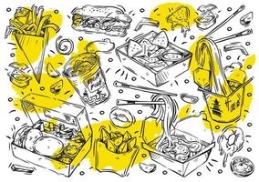 set di cibo disegnato a mano in scatole isolate su sfondo bianco. doodle raccolta di fast food. illustrazioni vettoriali, hamburger, patatine fritte, patatine fritte in stile country, anelli di cipolla, nachos, tagliatelle, sandwich vettore