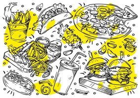 illustrazione della linea vettoriale disegnata a mano su sfondo bianco. doodle collection street menu fast food, hamburger artigianale, tortilla, pizza ai peperoni, senza francese, spicchi di patate, bibita gassata, salsa, hot dog