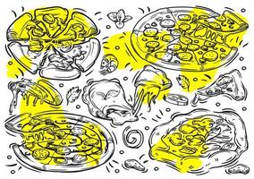 illustrazioni di linee vettoriali disegnate a mano cibo con grafica di pizza su sfondo bianco. doodle elementi vintage, ingredienti, peperoni, calzone, margherita, chicago