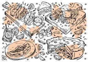 cibo illustrazione vettoriale linea disegnata a mano. doodle cucina brasiliana, carne alla brace, salsa vinagrette, stufato di pesce, frittelle di piselli dagli occhi neri, torta di pollo, bevanda caipirinha, frittelle con banana