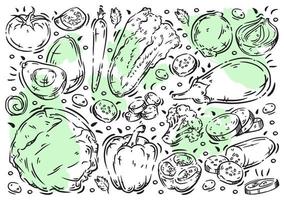 cibo di illustrazione vettoriale disegnato a mano sulla lavagna bianca. doodle line verdure, avocado, cipolle, cavolo cinese, pomodoro, cetriolo, peperone, broccoli, cavolfiore, melanzana, carote, olive, prezzemolo, erbe aromatiche