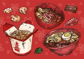 illustrazione della cucina asiatica. schizzo disegnato a mano. noodle, ramen, pad thai. cibo di strada giapponese, cinese, coreano, tailandese, menu design. set di colori vettoriali