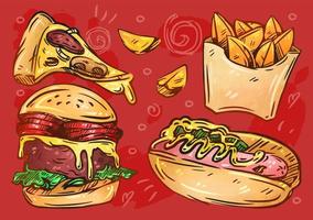 illustrazione di fast food. sketch.pizza disegnato a mano, hamburger, patate rustiche, hot dog. collezione street food, design menù da asporto. set di colori vettoriali