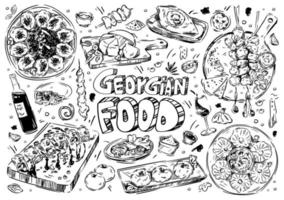 illustrazione vettoriale disegnata a mano. doodle cibo georgiano, khachapuri adjaruli, churchkhela, khinkali, mtsvadi, pkhali, saperavi, vino, granato, pasta di noci, sulguni, kubdari