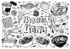 schizzi di cibo disegnati a mano. illustrazione vettoriale. doodle tipi di noodles, udon, soba, funchose, wok vettore
