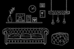 schizzo appartamento soggiorno. illustrazione vettoriale con divano, pouf, lampada, cornice. interni in stile loft.