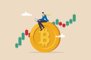 investimenti in bitcoin e criptovalute, trading di criptovalute traggono profitto e guadagnano dal prezzo di bitcoin, investitore uomo d'affari che utilizza il computer per scambiare criptovalute su big bitcoin con grafico dei prezzi a candela. vettore