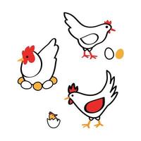 set di icone di linea vettoriali isolate su bianco - gallina gallo e pollo con uova