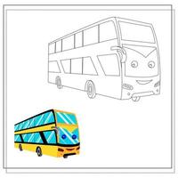 un libro da colorare di autobus a due piani cartone animato con grandi finestre con occhi e un sorriso. bozzetto e versione a colori. vettore
