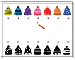 un gioco logico per bambini. trova la tonalità giusta, cappelli invernali con fantasie diverse. vettore