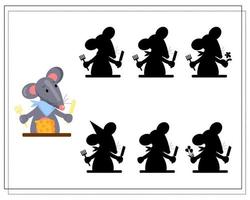 un gioco logico per bambini, trova un'ombra. topo simpatico cartone animato che mangia formaggio, vettore