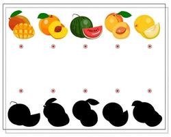 gioco di puzzle per bambini trova l'ombra giusta, la frutta. vettore