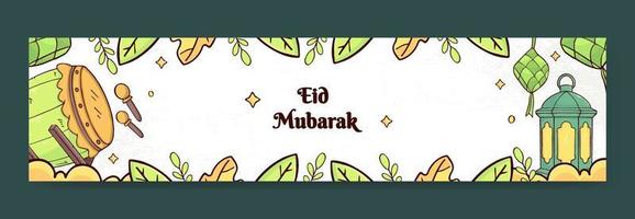 modello di banner eid mubarak con concetto di ketupat e bedug. stile disegnato a mano e piatto vettore