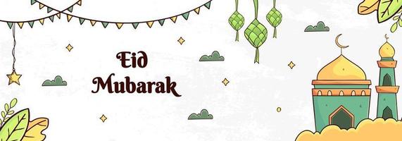 modello di banner eid mubarak con ketupat e concetto di moschea. stile disegnato a mano e piatto vettore