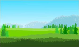 sfondo del campo in erba paesaggio, sfondo prato, montagna e cielo vettore