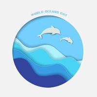 giornata mondiale degli oceani con onda tagliata di carta e delfini su cornice rotonda vettore