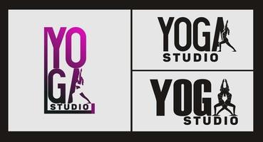 tipografia logo yoga con elementi di silhouette donna. illustrazione vettoriale