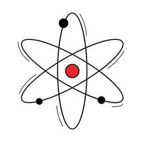 il simbolo dell'atomo. stile contorno scarabocchio. un segno chimico illustrazione vettoriale colorata disegnata a mano. gli elementi di design sono isolati su uno sfondo bianco.