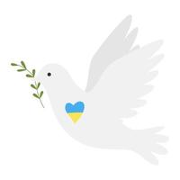 una colomba bianca, simbolo di pace. un uccello volante del mondo tiene un ramoscello verde nel becco. il cuore è nei colori della bandiera ucraina. no guerra. illustrazione a colori in uno stile piatto isolato su bianco vettore