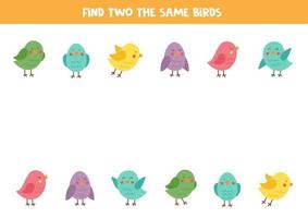 trova due simpatici uccelli identici. gioco educativo per bambini in età prescolare. vettore