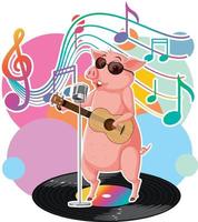 cartone animato piggy cantante con simboli di melodia musicale vettore