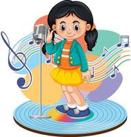 cartone animato ragazza cantante con simboli di melodia musicale vettore